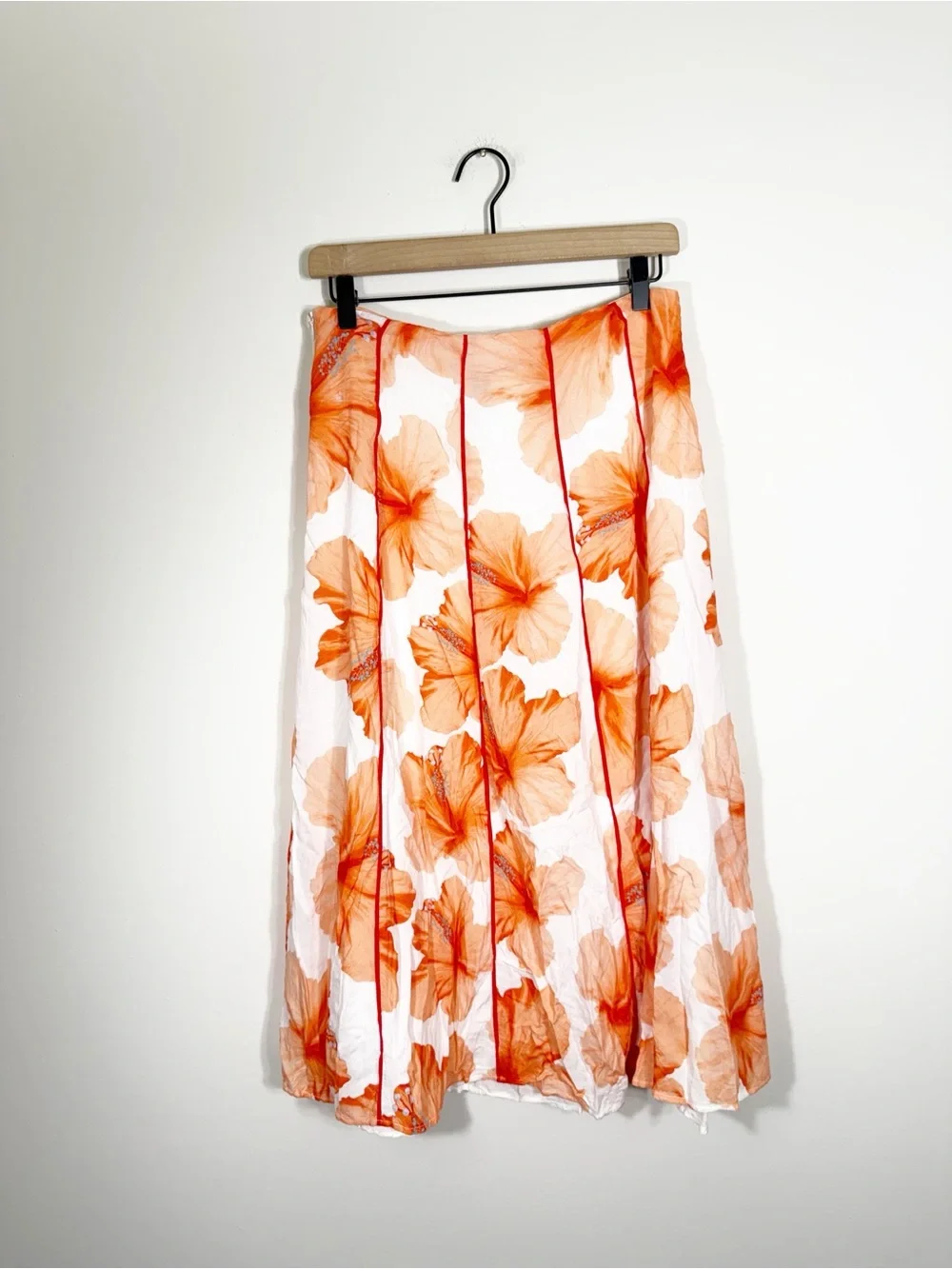 Anthropologie Farm Rio Orange White Floral Contrast Midi Skirt Size Medium